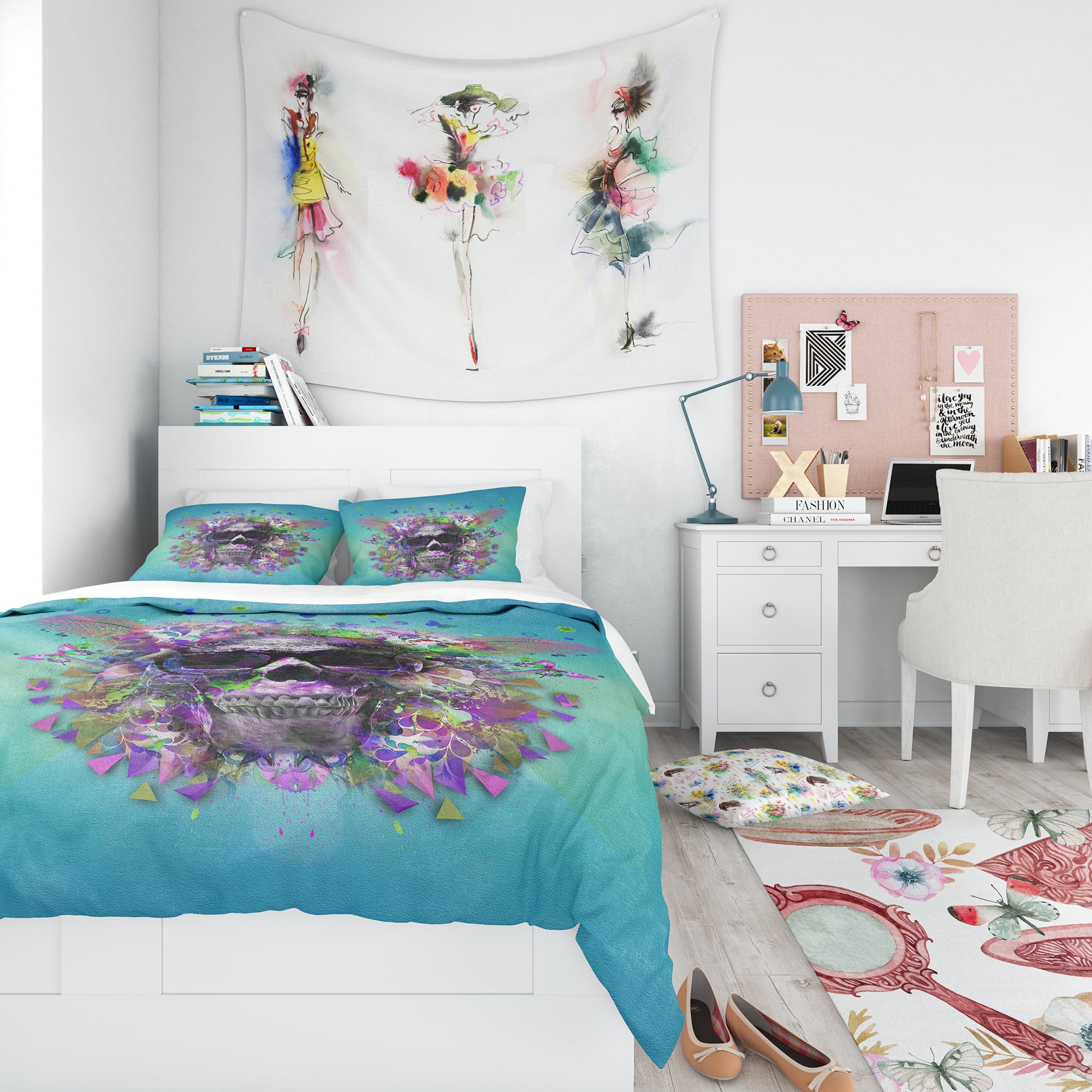 Designart 'Skull with Glasses and Butterflies' Modern Teen Duvet Cover Set