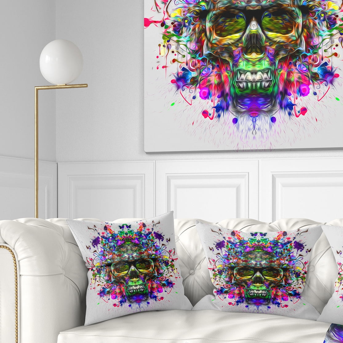 Designart Skull with Glasses and Paint Splashes - Abstract Throw Pillow - 18x18