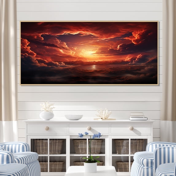 Designart "Sky Ablaze Stunning Sunset Views" Extra Large Landscapes Framed Wall Art - Traditional Red Sky Bedroom Framed Canvas Wall Art