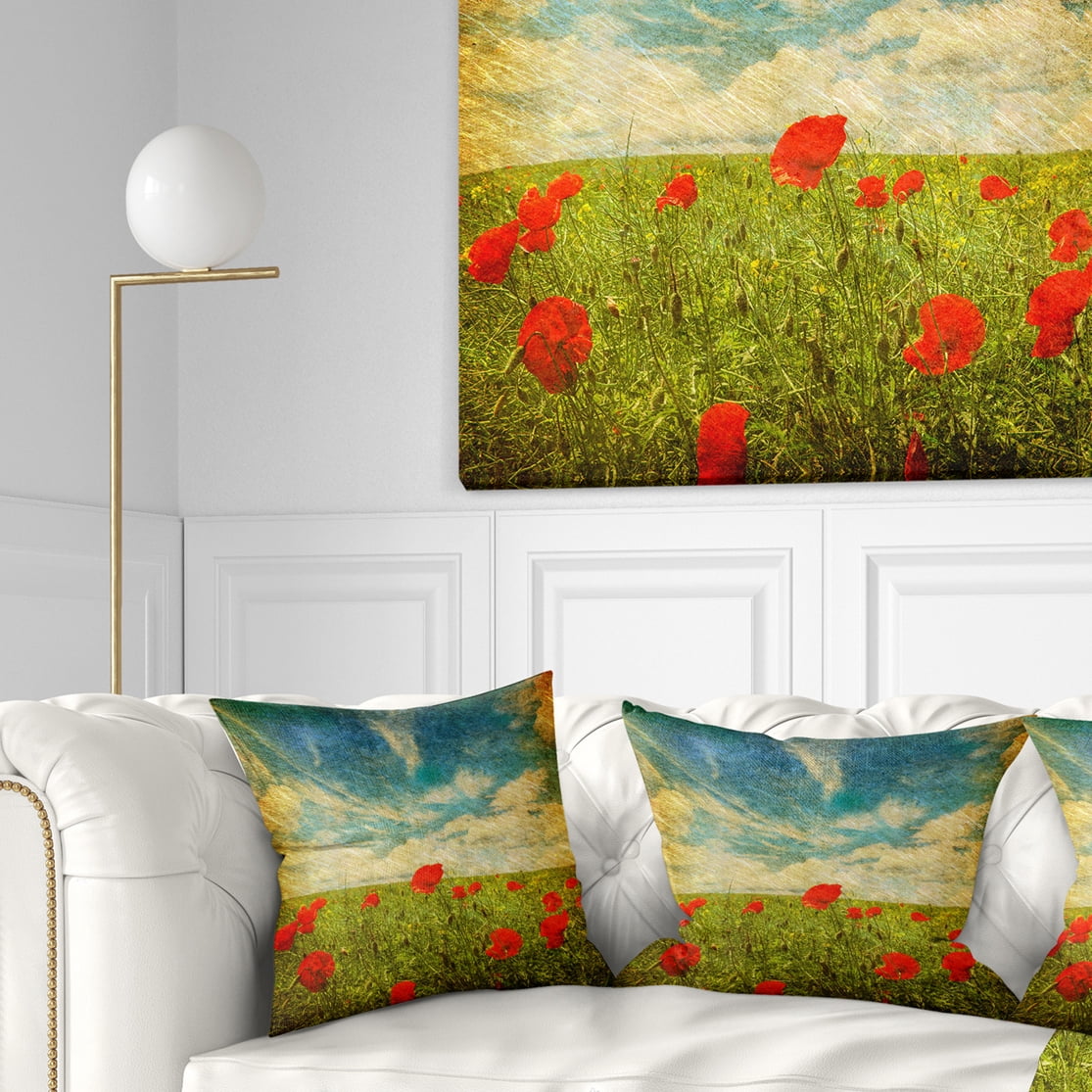 Designart Sky Background with Red Poppies - Floral Throw Pillow - 18x18
