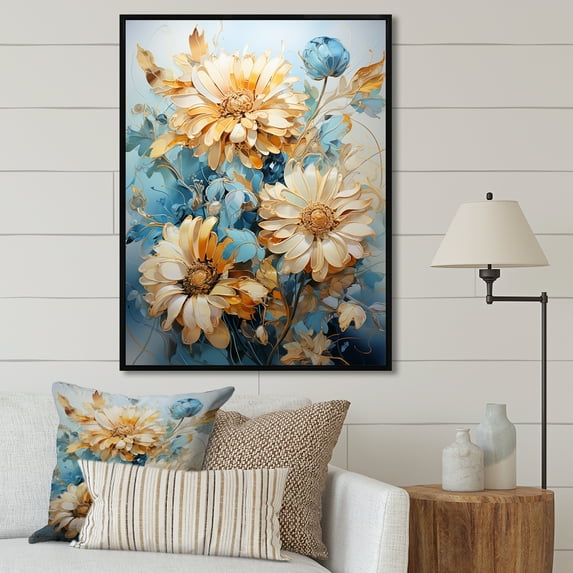 Designart "Sky-Blue Sunflower Fields II" Sunflowers Floater Framed Wall Art Prints