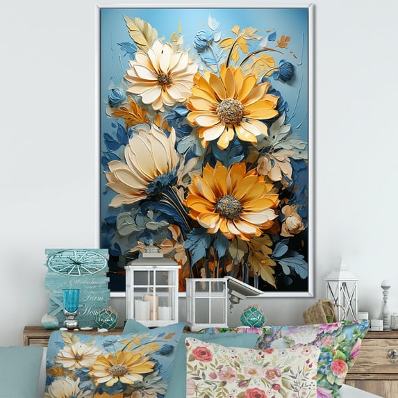Designart "Sky-Blue Sunflower Fields III" Sunflowers Floater Framed Wall Art Living Room