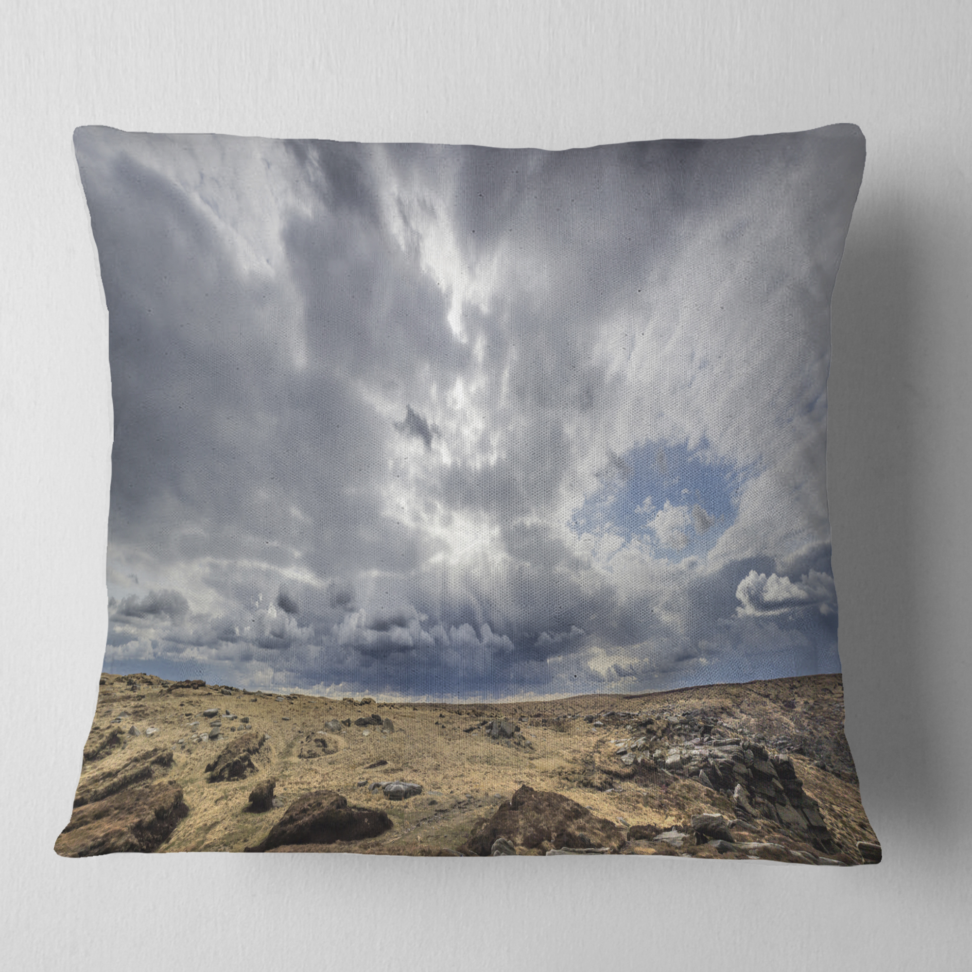 Designart Sky and Stones under Dark Clouds - Landscape Printed Throw Pillow - 16x16