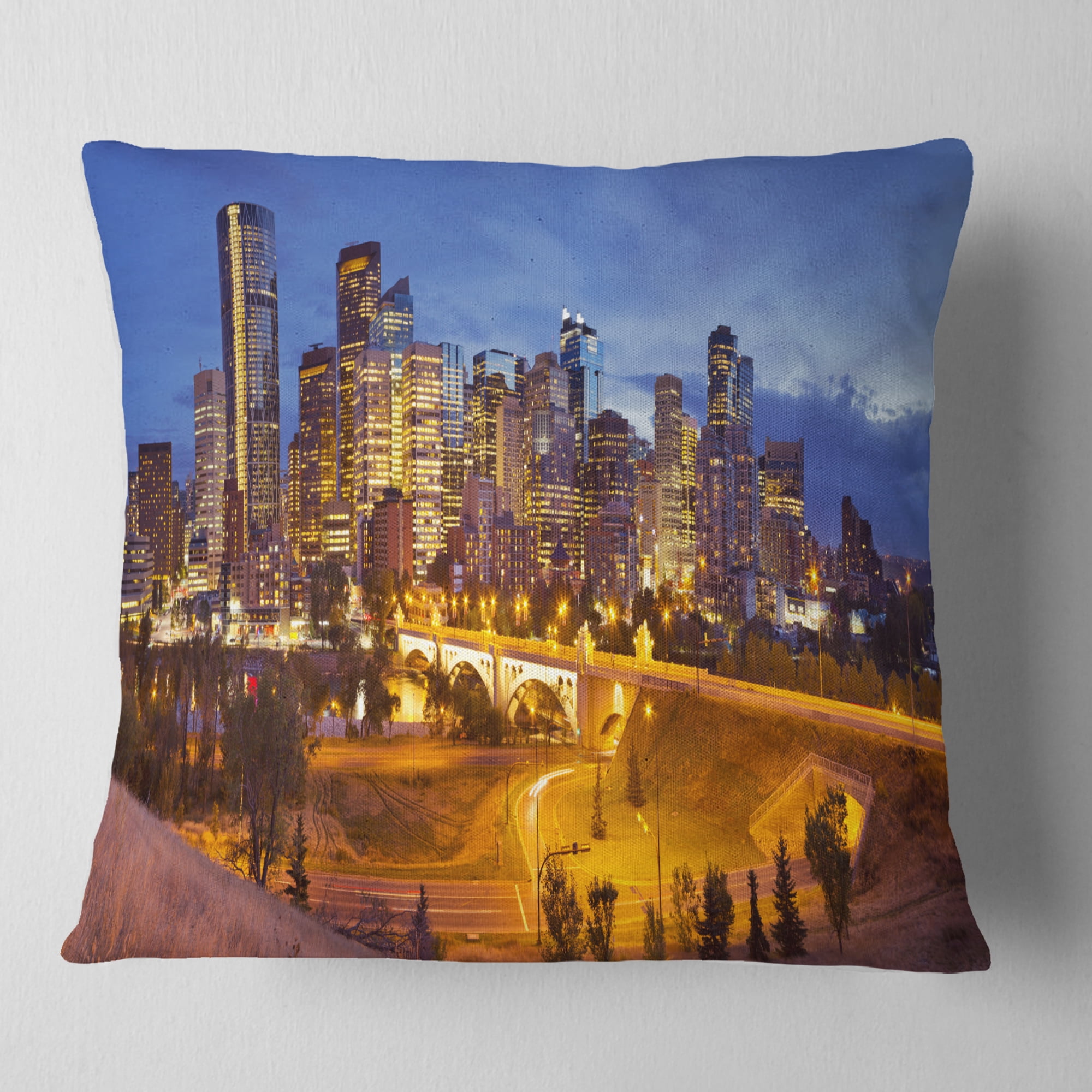 Designart Skyline of Calgary at Night Panorama - Modern Cityscape Throw Pillow - 16x16