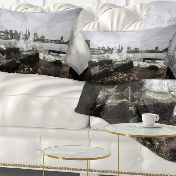 Designart Skyline with Brooklyn Manhattan Bridges - Cityscape Throw Pillow - 12x20