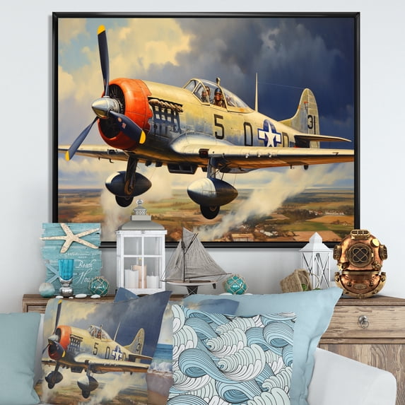 Designart "Skyline with the P51B Plane I" Transportation Floater Framed Wall Decor