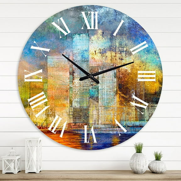 Designart 'Skypscrapers By The Bridge In Futuristic City' Modern Wall Clock