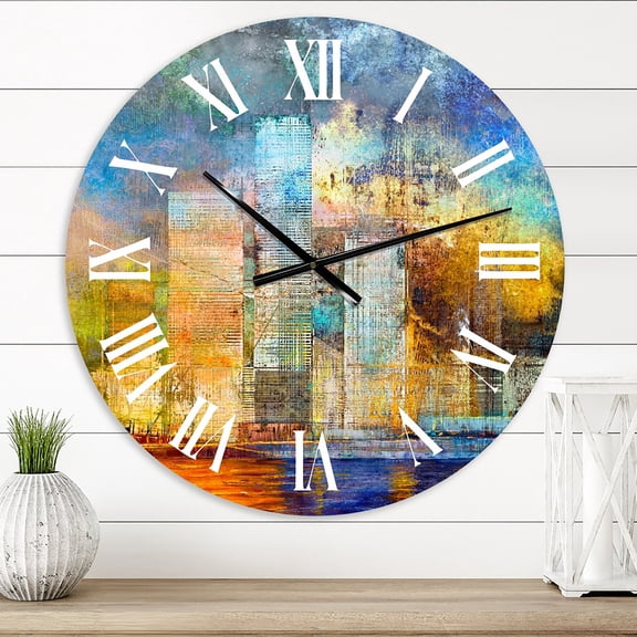 Designart 'Skypscrapers By The Bridge In Futuristic City' Modern Wall Clock