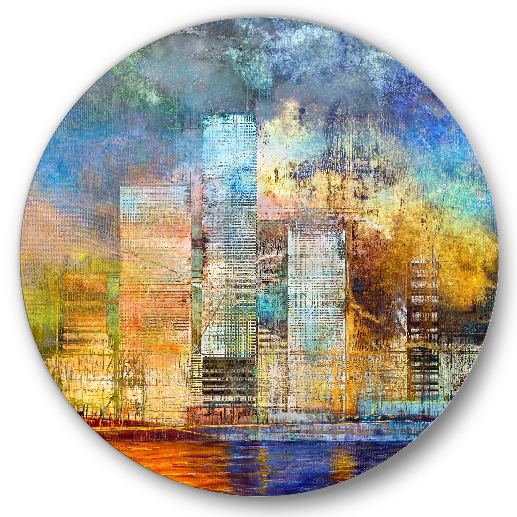 Designart 'Skypscrapers In Futuristic City' Modern Circle Metal Wall Art 11x11 - Disc of 11