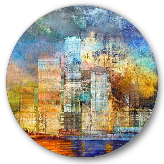 Designart 'Skypscrapers In Futuristic City' Modern Circle Metal Wall Art 36x36 - Disc of 36