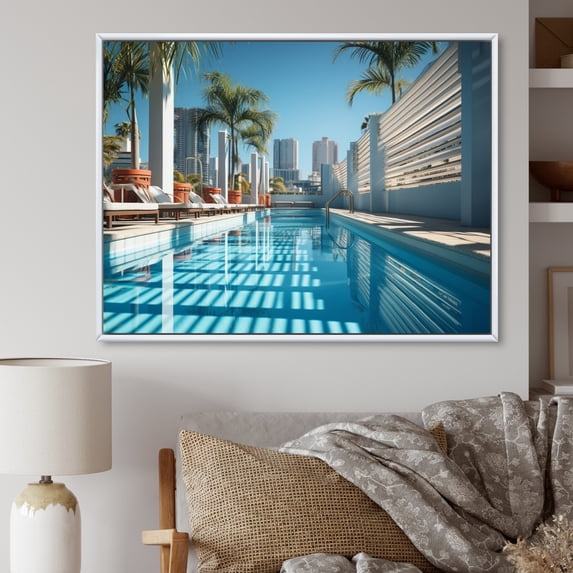 Designart "Skyscraper Shadows in Turquoise Miami" Cityscapes Floater Framed Canvas Print
