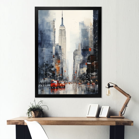 Designart "Skyscrapers in Grey City Heights of New York City" Architecture Framed Wall Art - Industrial Grey Skyscrapers Living Room Framed Canvas Art