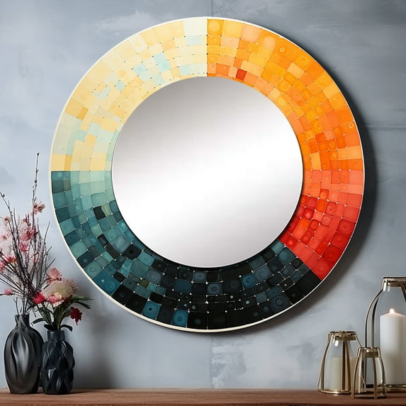 Designart "Sleek Serenity Mid Century wall art" Abstract Rund Mirror For Wall Decor - Large Coral Round Print Mirror - Round Mid-Century Mirror - Wall Mounted Round Large Mirror - 36" x 36"
