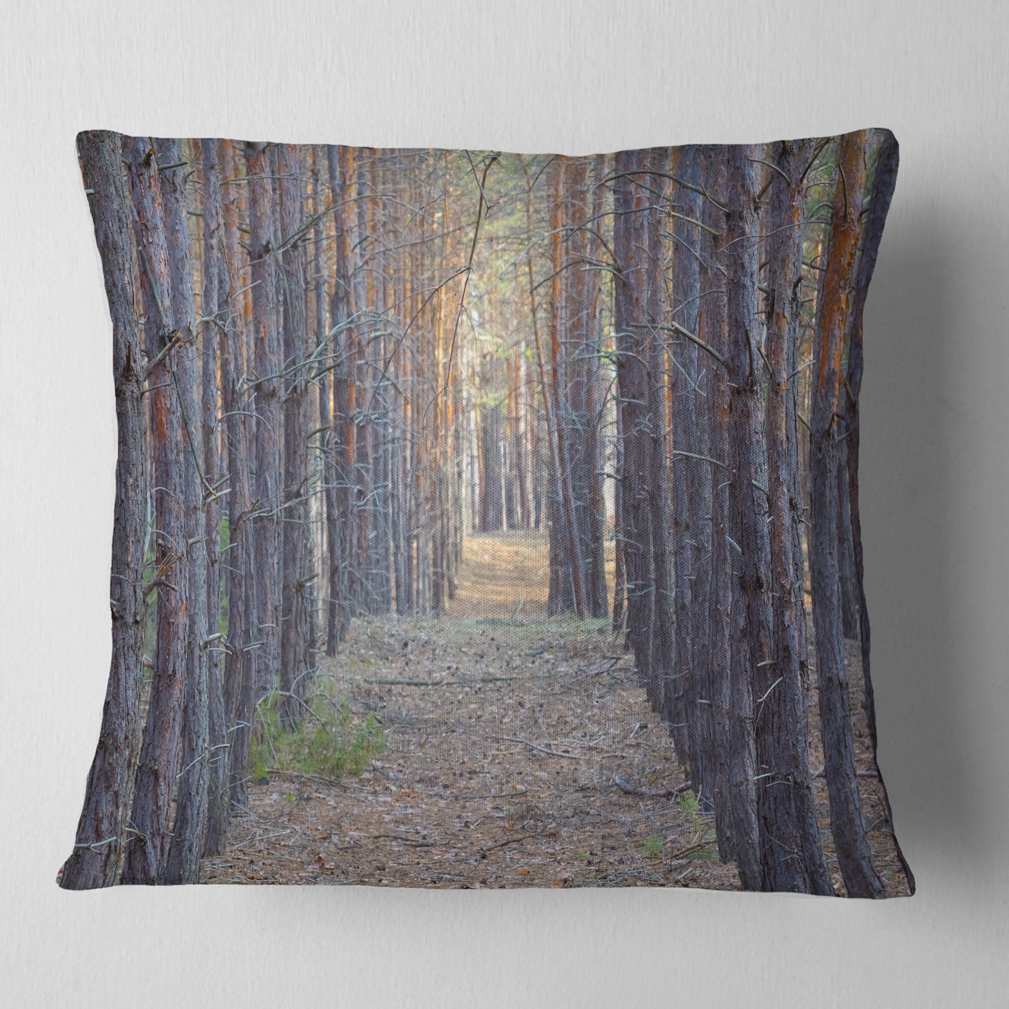 Designart Slender Pine Tree Forest Photography - Modern Forest Throw Pillow - 16x16