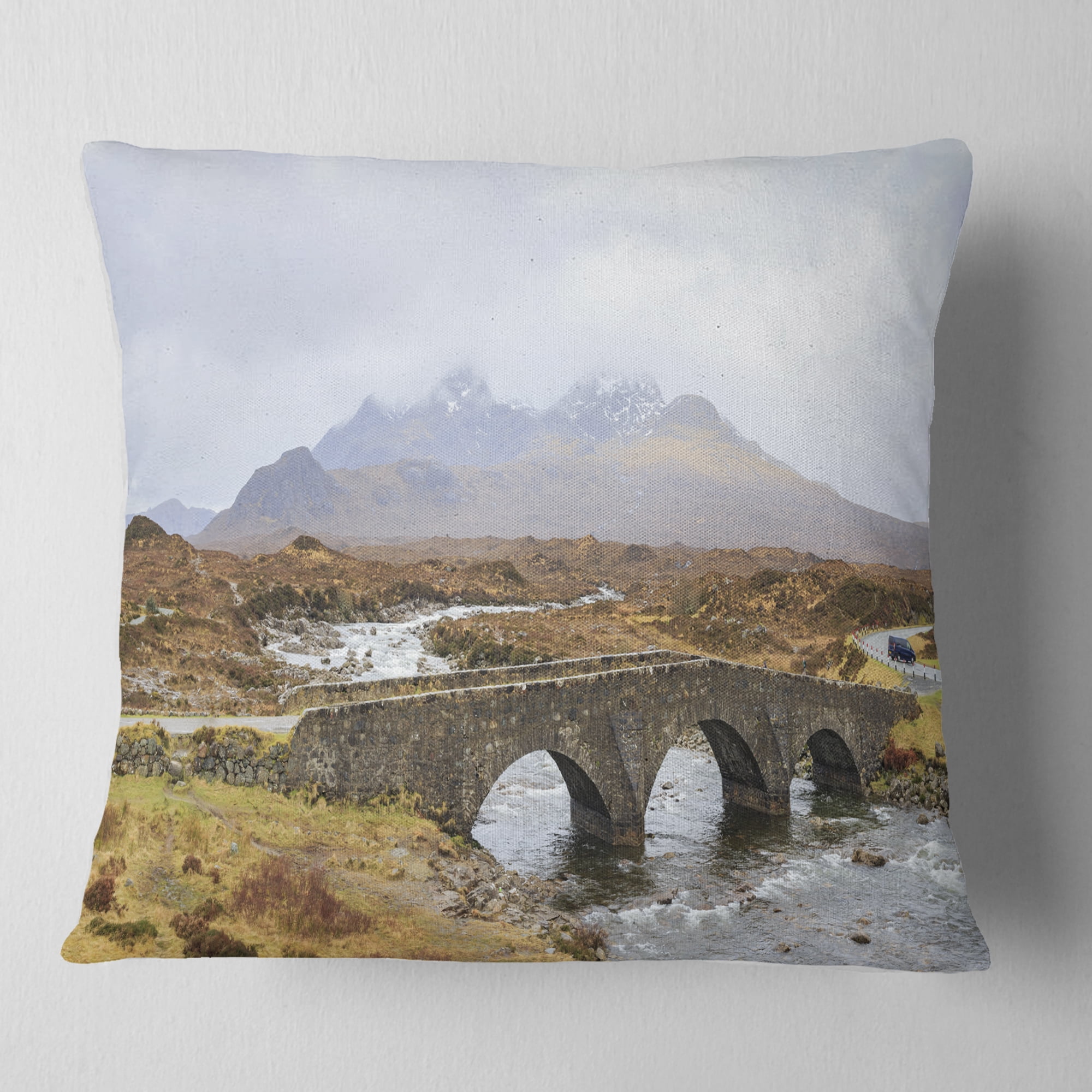 Designart Sligachan Old Bridge Panorama - Landscape Printed Throw Pillow - 16x16