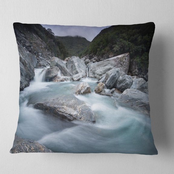Designart Slow Motion Mountain River and Rocks - Landscape Printed Throw Pillow - 16x16