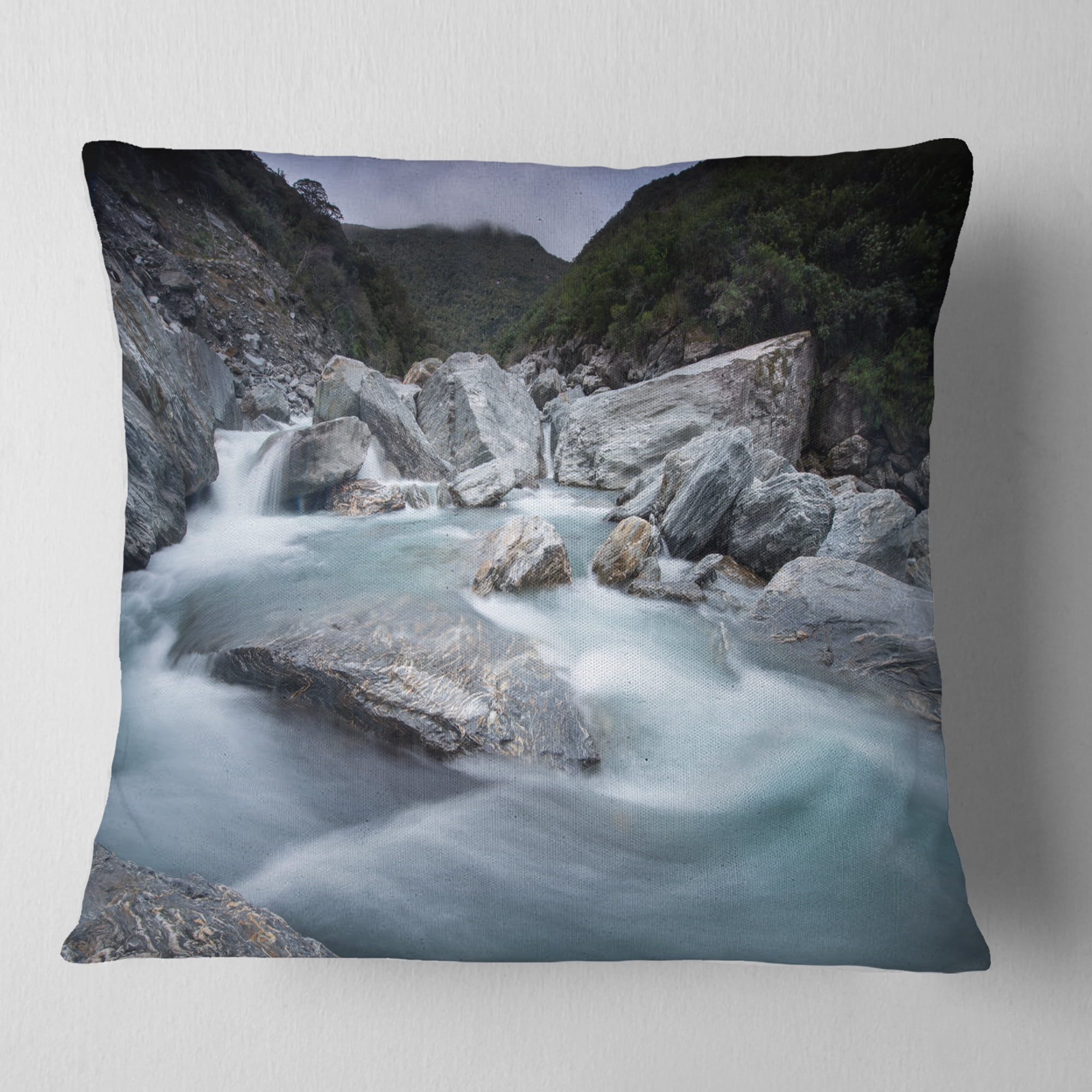 Designart Slow Motion Mountain River and Rocks - Landscape Printed Throw Pillow - 18x18