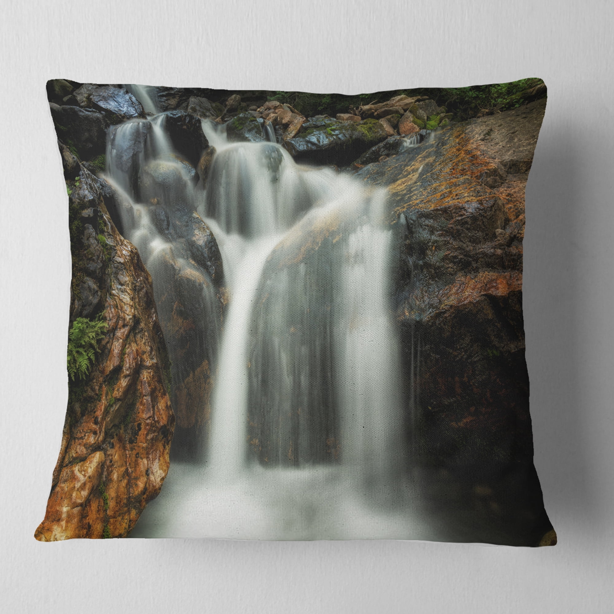 Designart Slow Motion Waterfall on Rocks - Landscape Printed Throw Pillow - 16x16