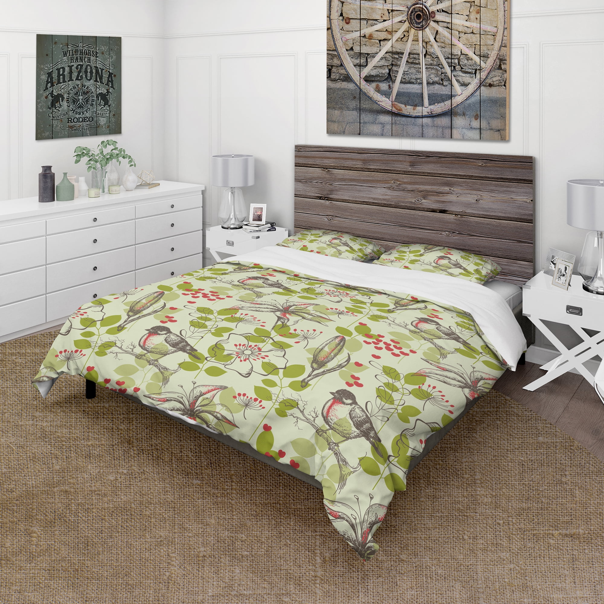 Designart 'Small Bird and Lilies and Little Hearts' Floral Duvet Cover Set