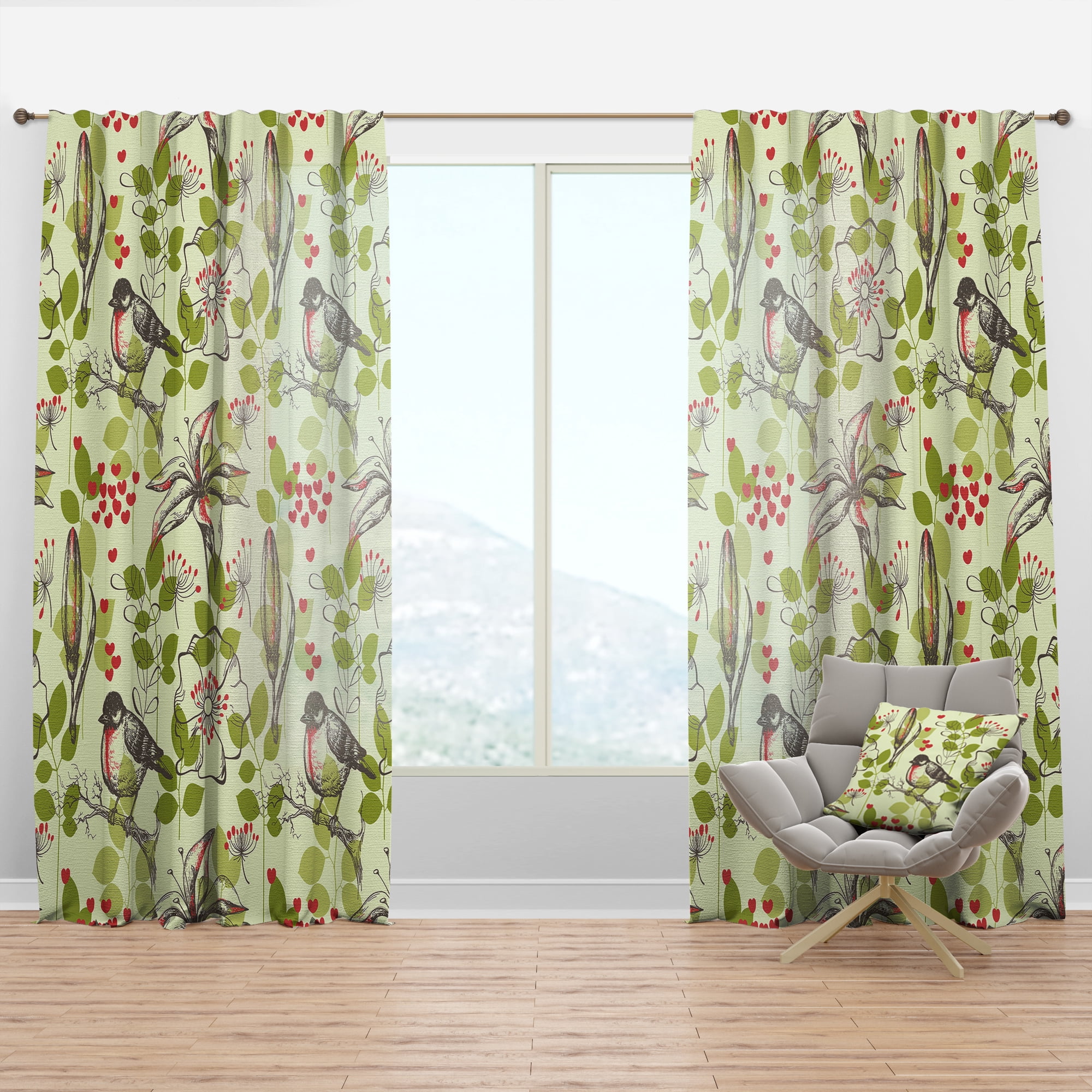 Designart 'Small Bird and Little Hearts and Lilies' Floral Curtain Panel