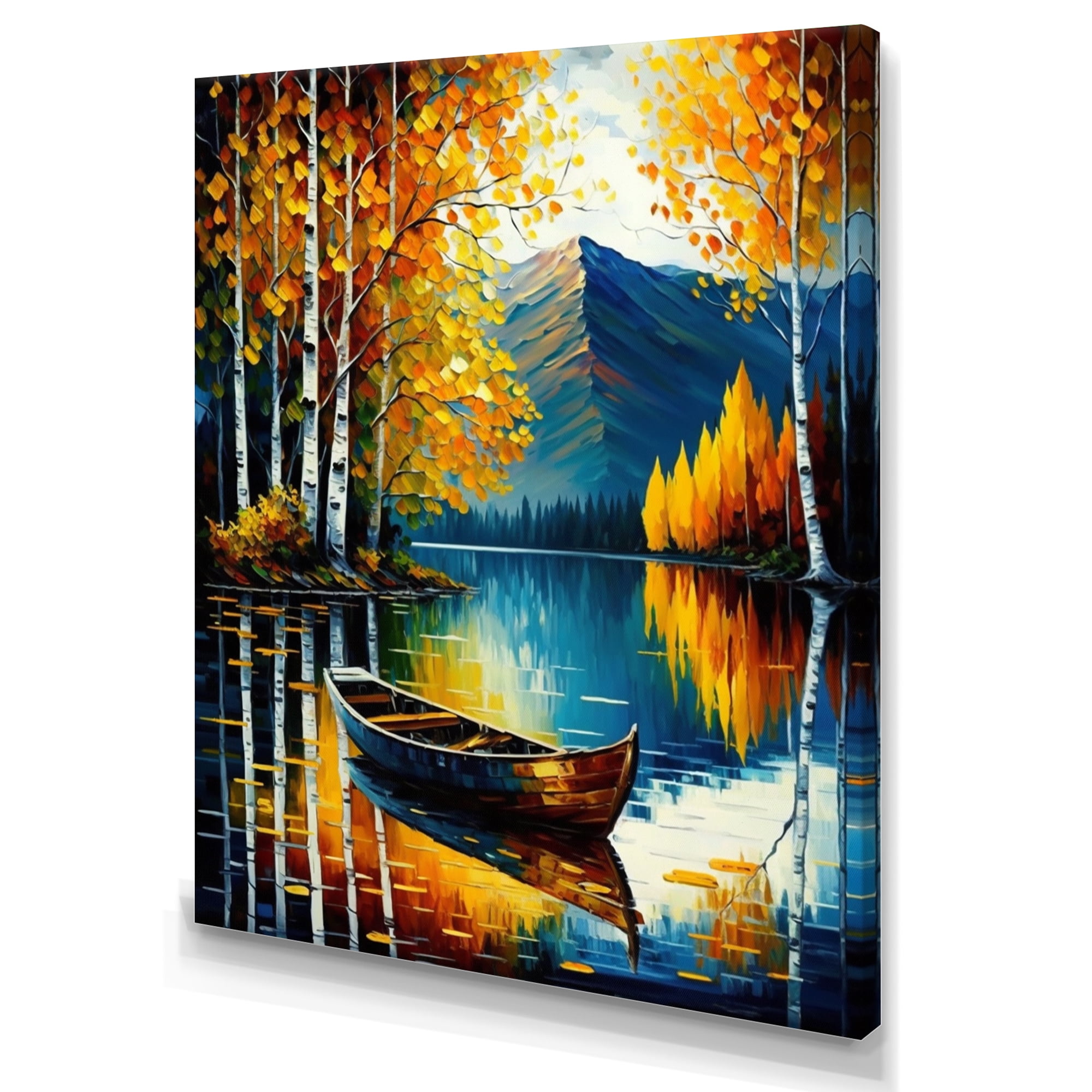 Designart Small Boat On Lake In Fall I Canvas Wall Art