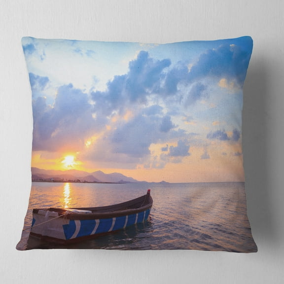 Designart Small Fishermen Boat at Sunset - Modern Seashore Throw Pillow - 16x16