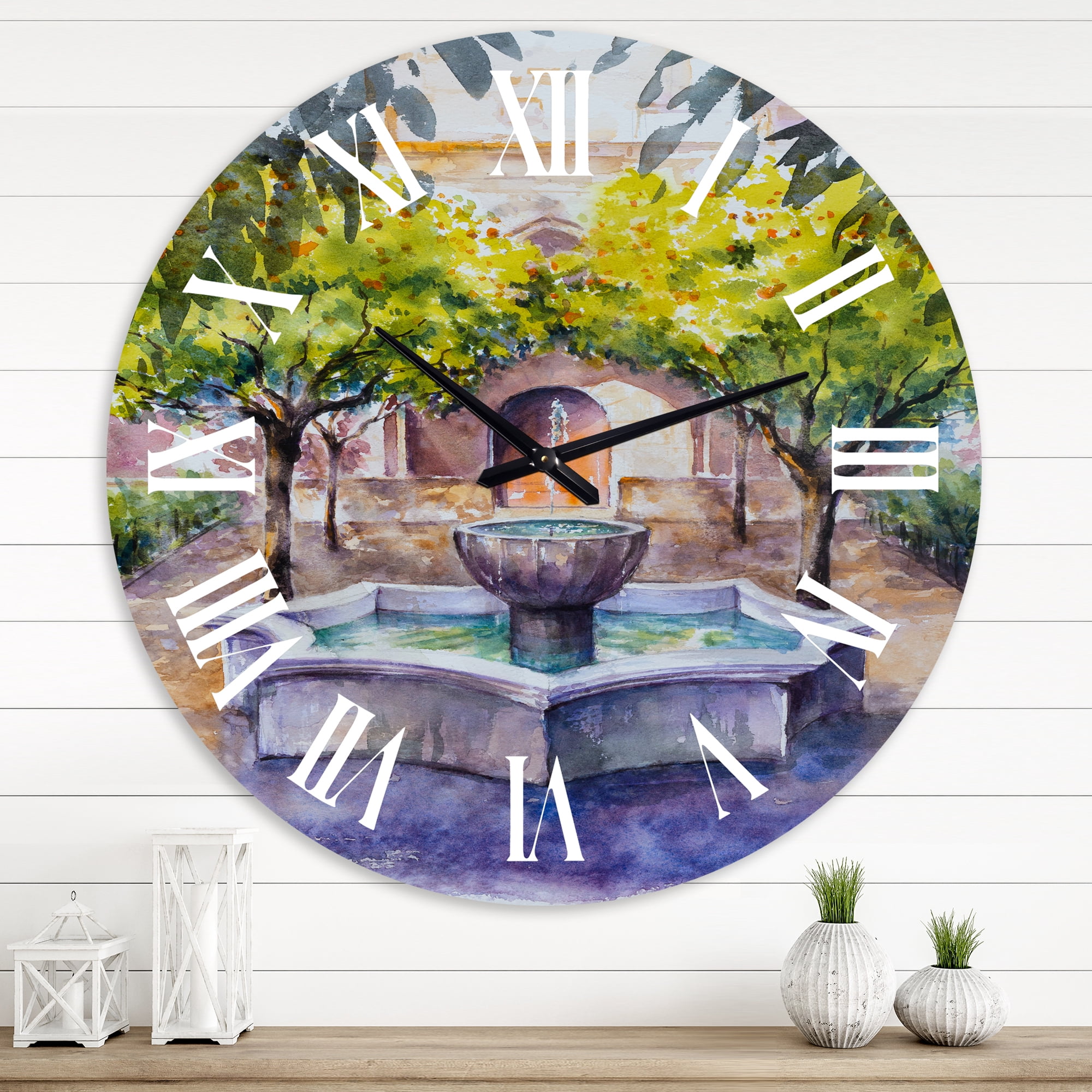 Designart 'Small Fountain Picture With Trees In The Village' Country Wall Clock
