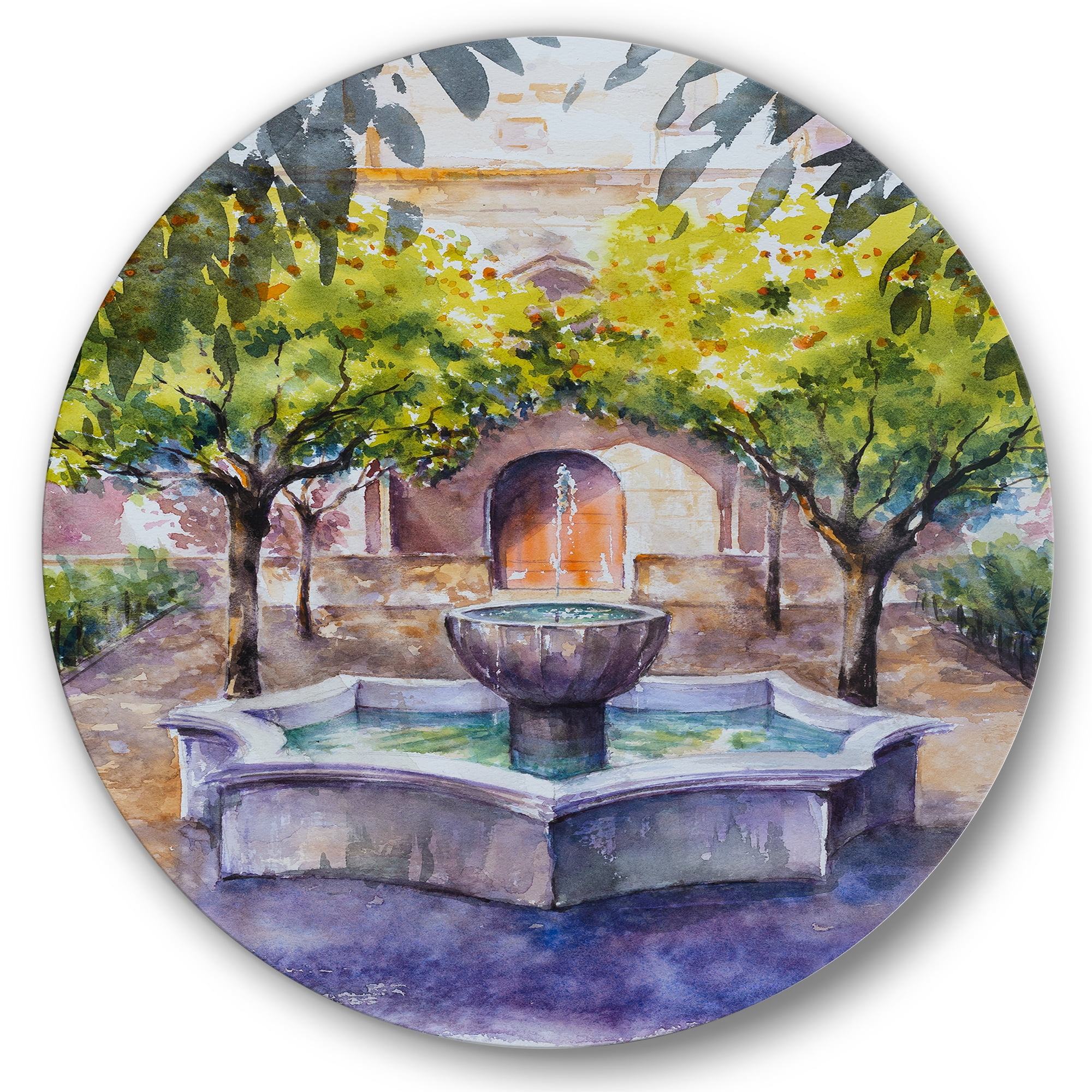 Designart 'Small Fountain With Trees In The Village House' Country Circle Metal Wall Art 29x29 - Disc of 29