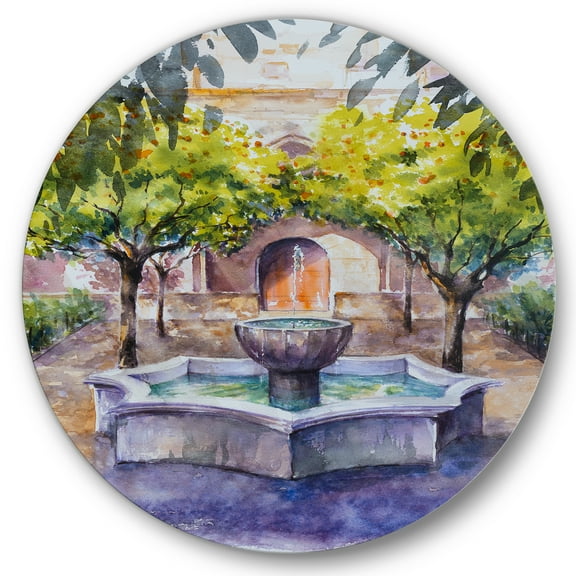 Designart 'Small Fountain With Trees In The Village House' Country Circle Metal Wall Art 36x36 - Disc of 36