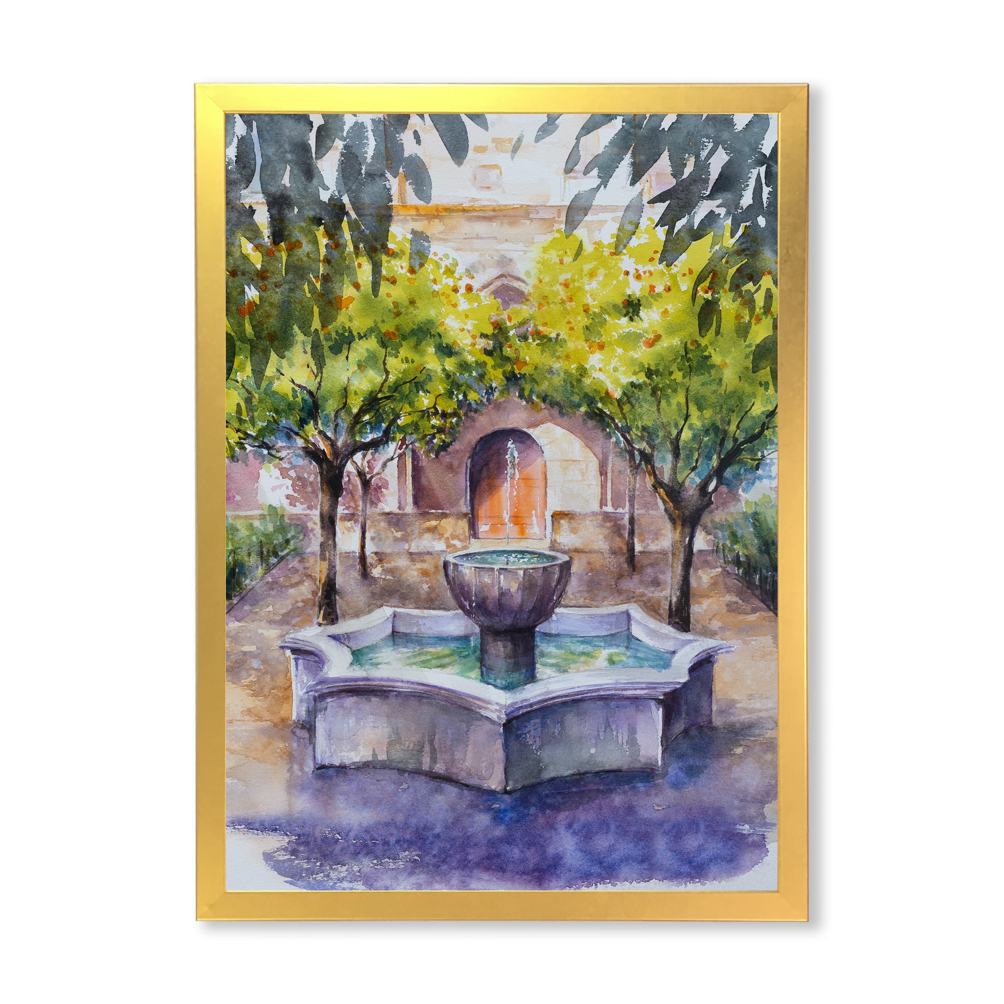 Designart 'Small Fountain With Trees In The Village House' Country Framed Art Print