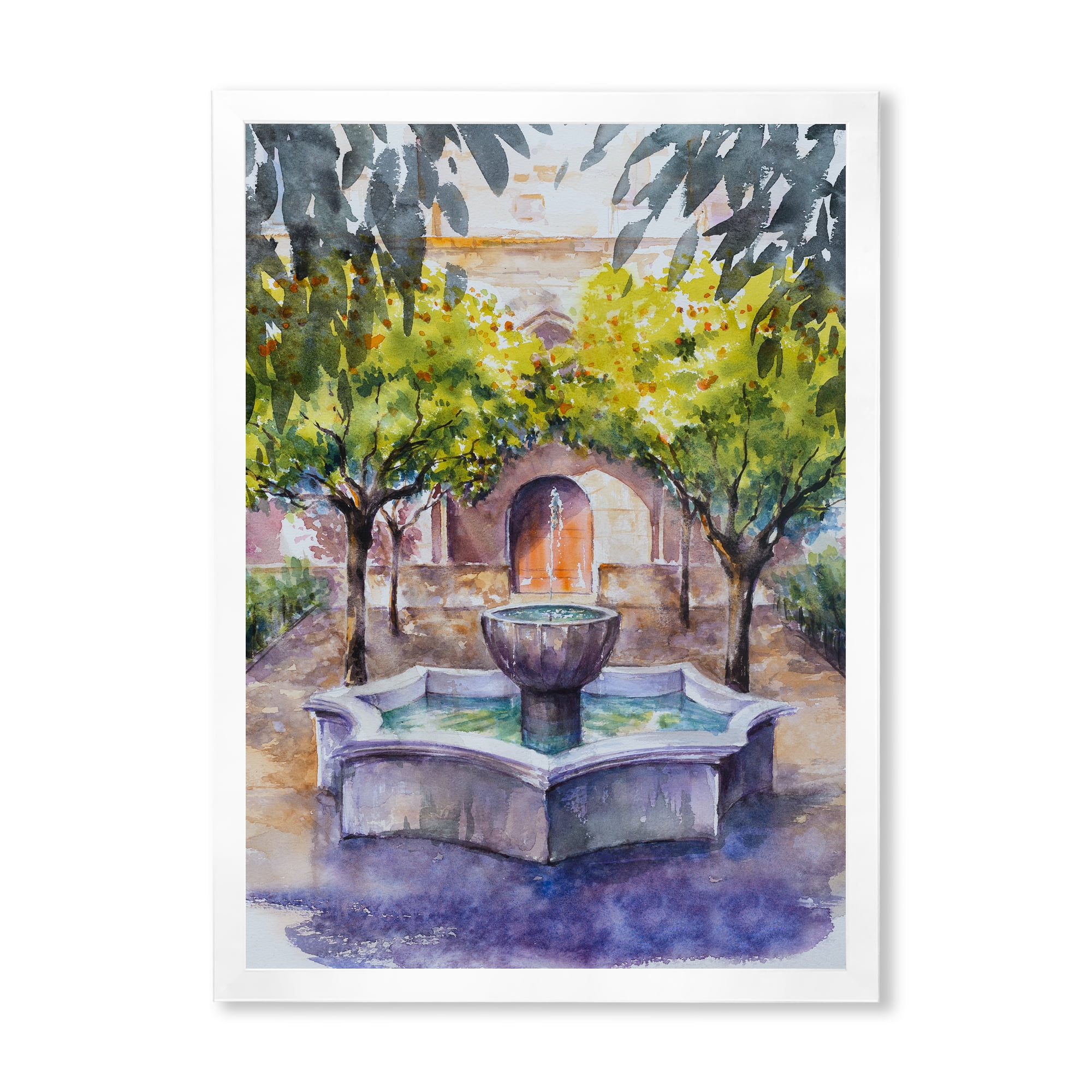 Designart 'Small Fountain With Trees In The Village House' Country Framed Art Print