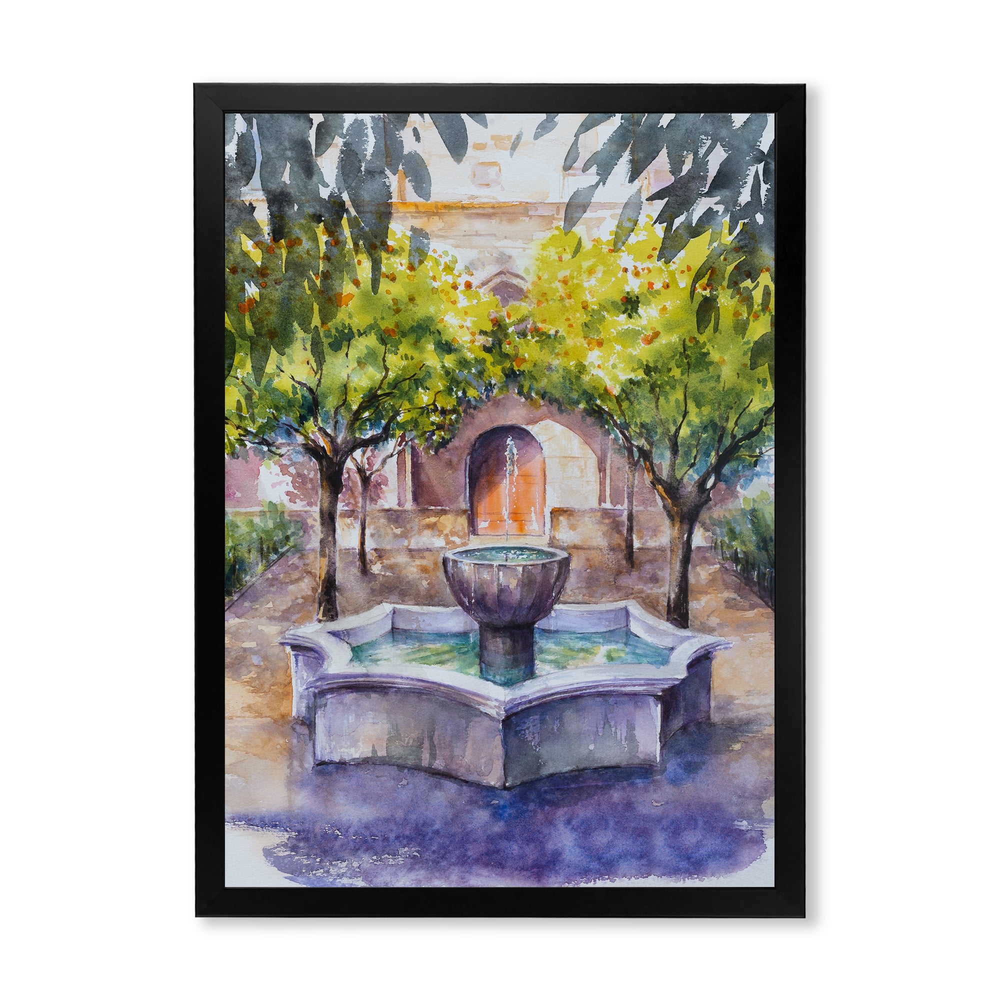 Designart 'Small Fountain With Trees In The Village House' Country Framed Art Print