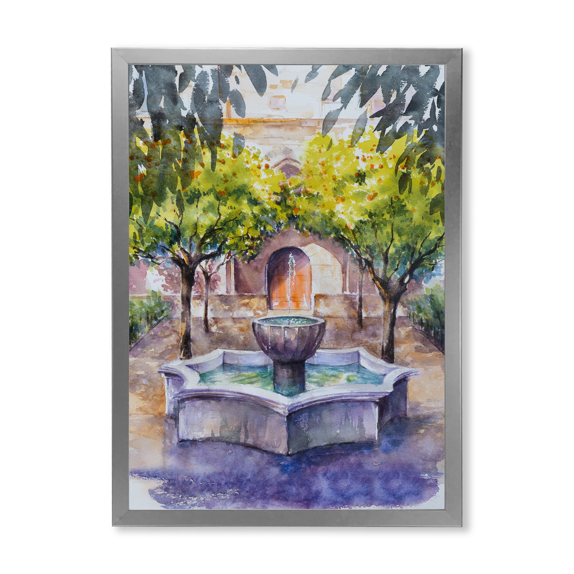 Designart 'Small Fountain With Trees In The Village House' Country Framed Art Print