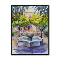 Designart 'Small Fountain With Trees In The Village House' Country Framed Canvas Wall Art Print