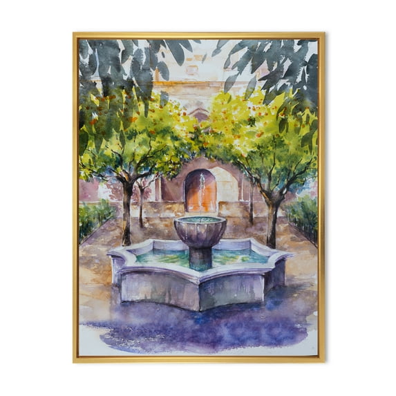 Designart 'Small Fountain With Trees In The Village House' Country Framed Canvas Wall Art Print