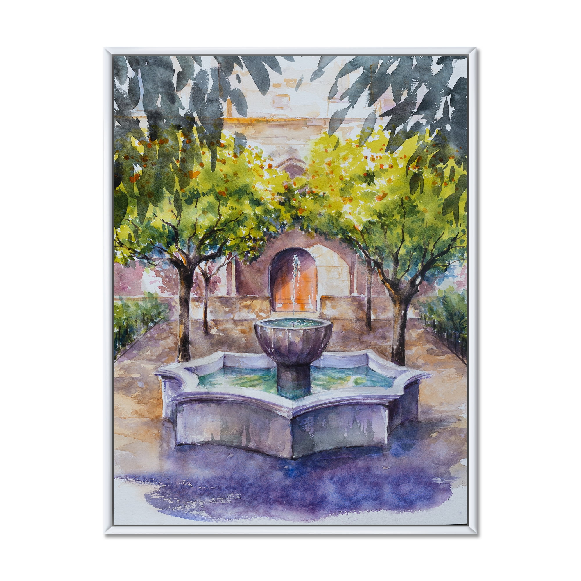 Designart 'Small Fountain With Trees In The Village House' Country Framed Canvas Wall Art Print
