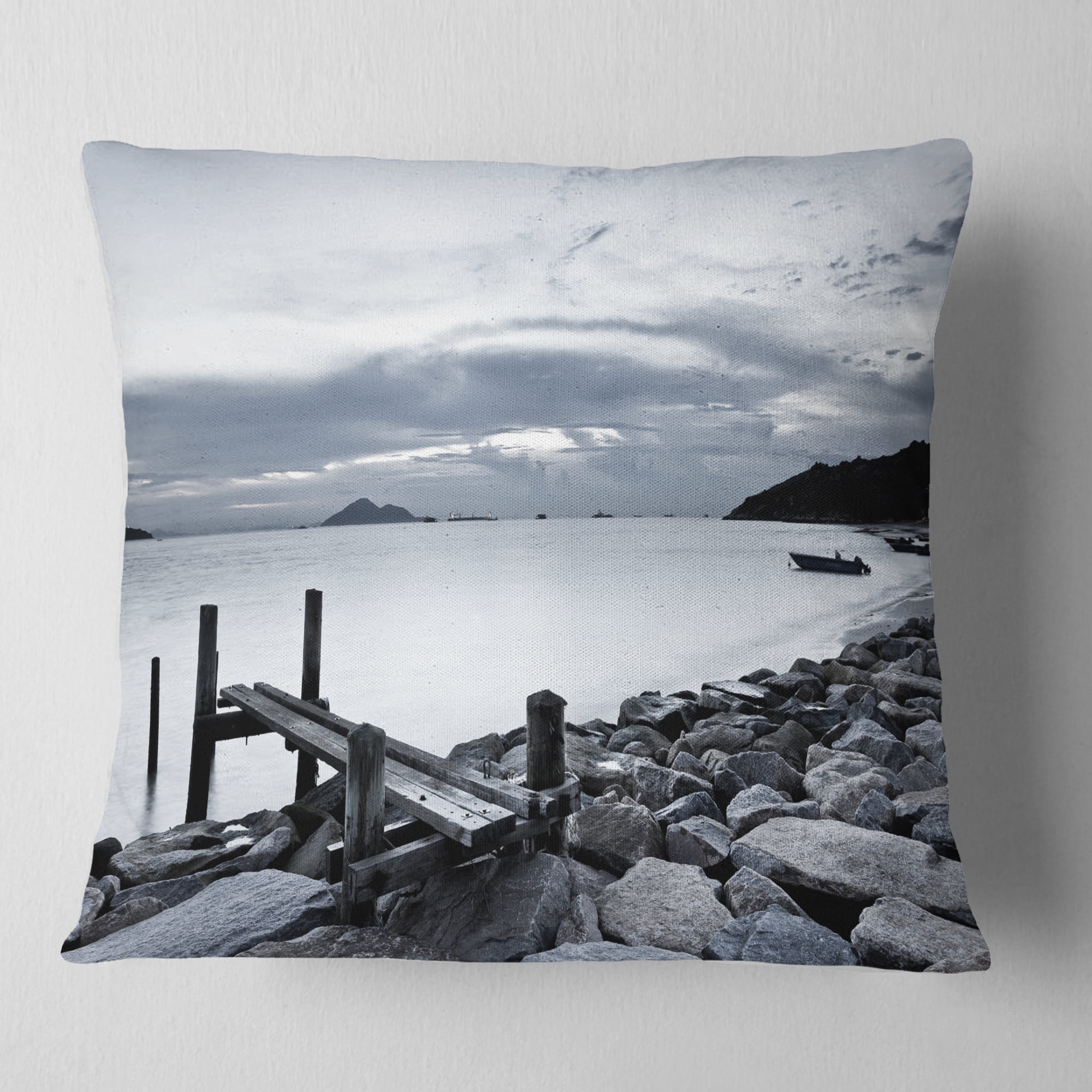 Designart Small Sea Bridge from Rocky Beach - Landscape Printed Throw Pillow - 18x18