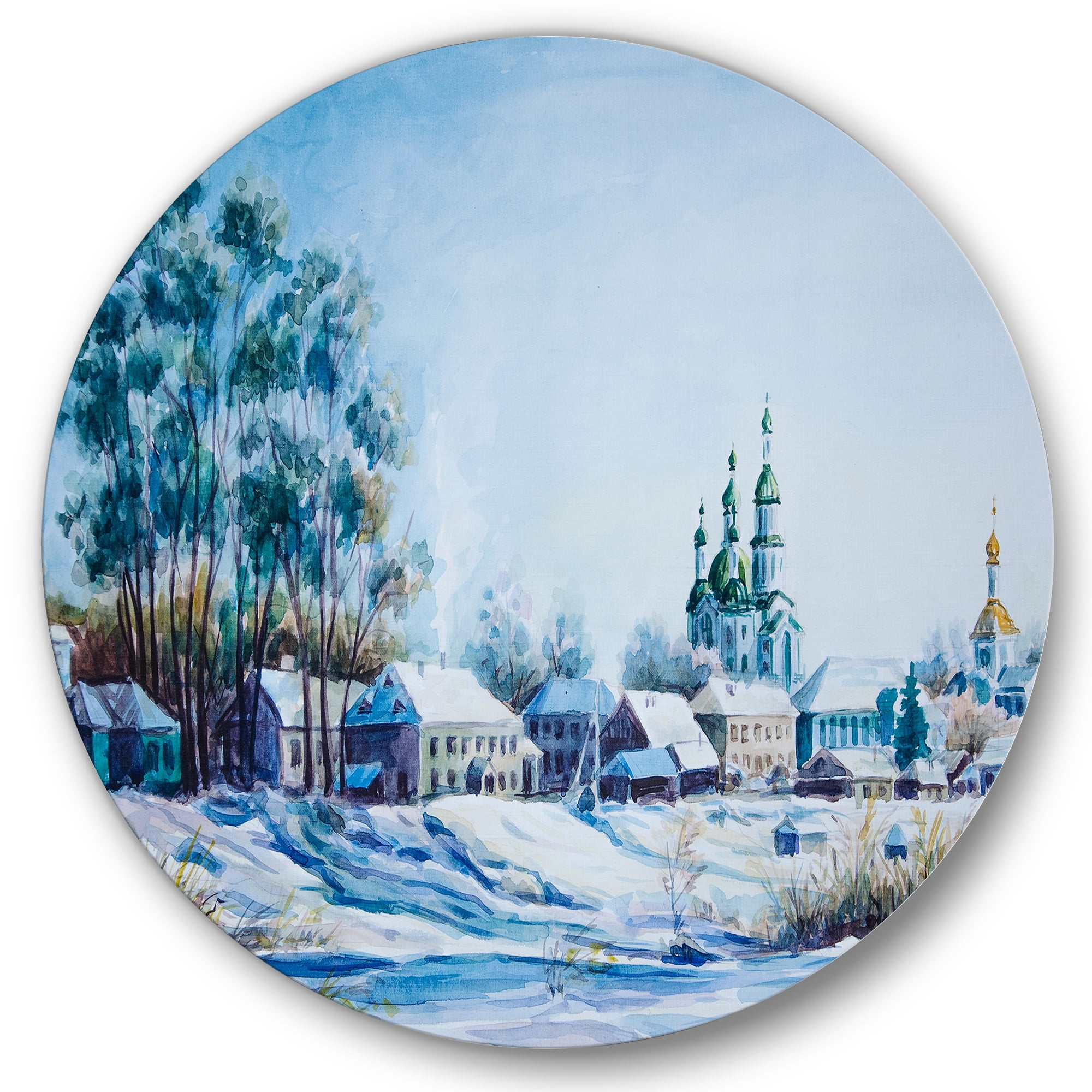 Designart 'Small Town Covered In Snow In Winter Times' Traditional Circle Metal Wall Art 11x11 - Disc of 11