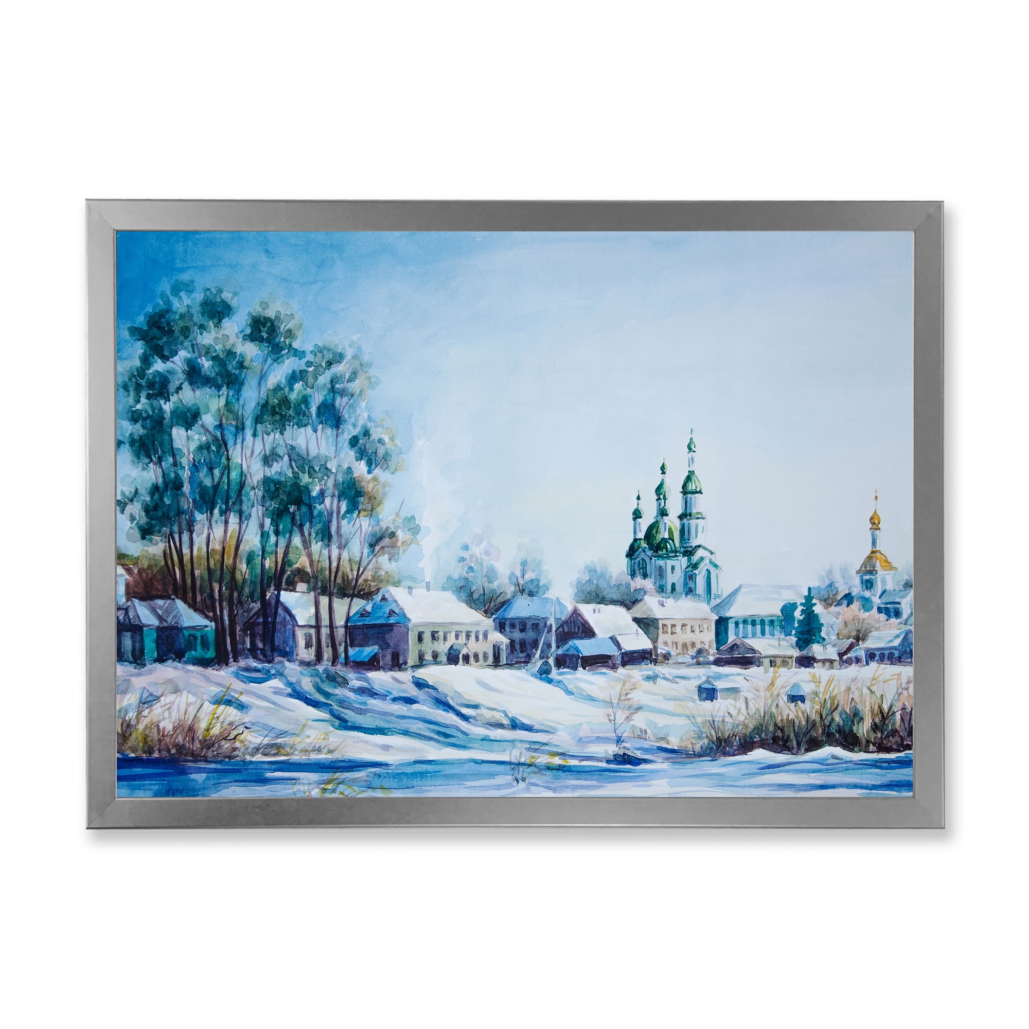 Designart 'Small Town Covered In Snow In Winter Times' Traditional Framed Art Print