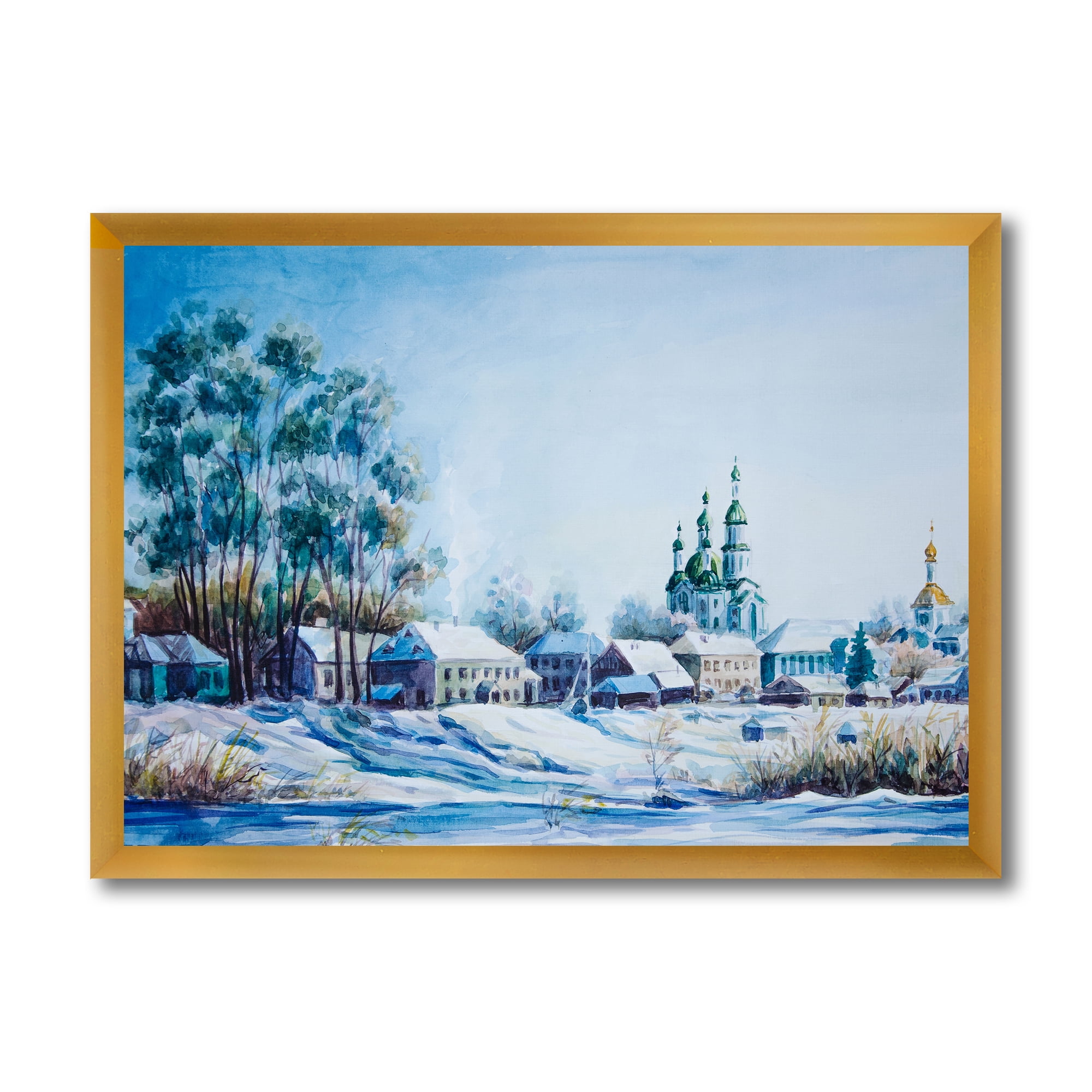 Designart 'Small Town Covered In Snow In Winter Times' Traditional Framed Art Print