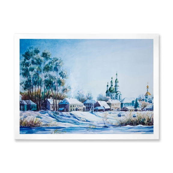 Designart 'Small Town Covered In Snow In Winter Times' Traditional Framed Art Print
