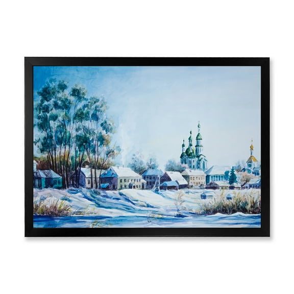 Designart 'Small Town Covered In Snow In Winter Times' Traditional Framed Art Print