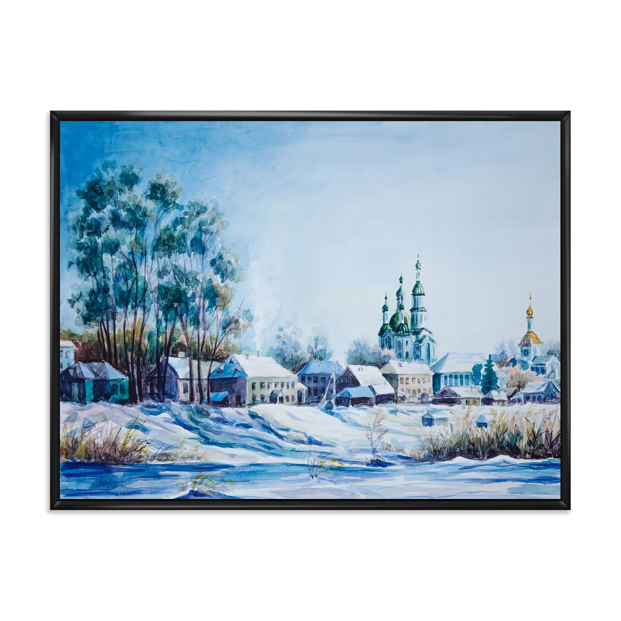 Designart 'Small Town Covered In Snow In Winter Times' Traditional Framed Canvas Wall Art Print