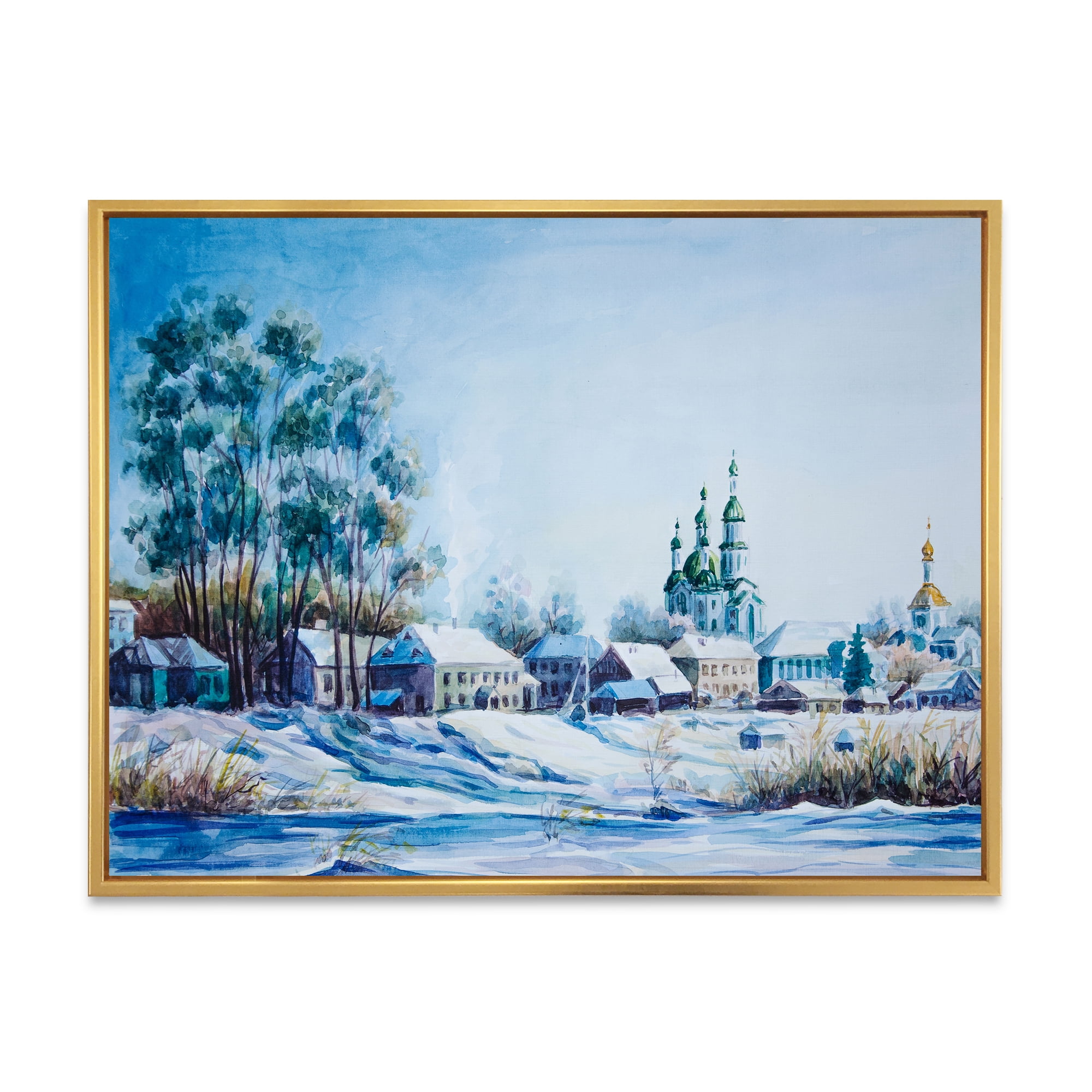 Designart 'Small Town Covered In Snow In Winter Times' Traditional Framed Canvas Wall Art Print