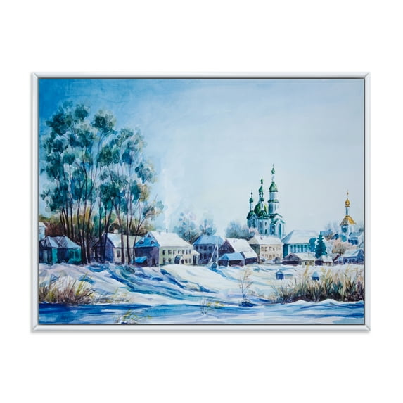 Designart 'Small Town Covered In Snow In Winter Times' Traditional Framed Canvas Wall Art Print