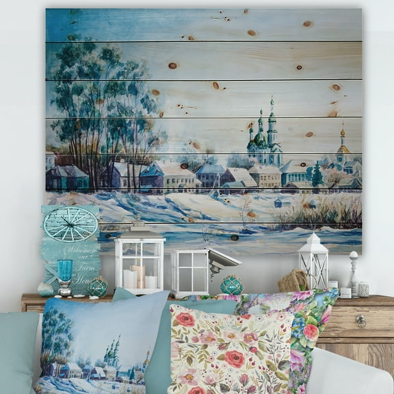 Designart 'Small Town Covered In Snow In Winter Times' Traditional Print on Natural Pine Wood