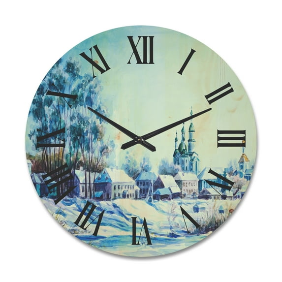 Designart 'Small Town Covered In Snow In Winter Times' Traditional Wood Wall Clock