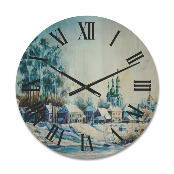 Designart 'Small Town Covered In Snow In Winter Times' Traditional Wood Wall Clock