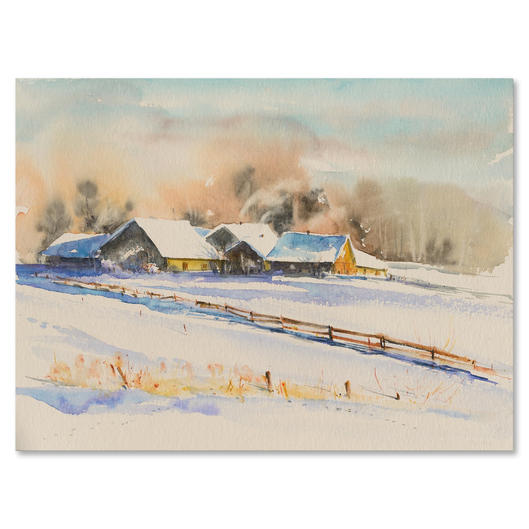 Designart ' Small VIllage At Evening Covered With Snow ' Traditional Canvas Wall Art Print