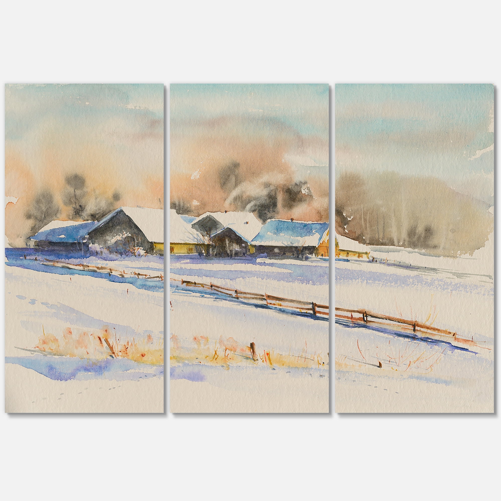 Designart ' Small VIllage At Evening Covered With Snow ' Traditional Canvas Wall Art Print